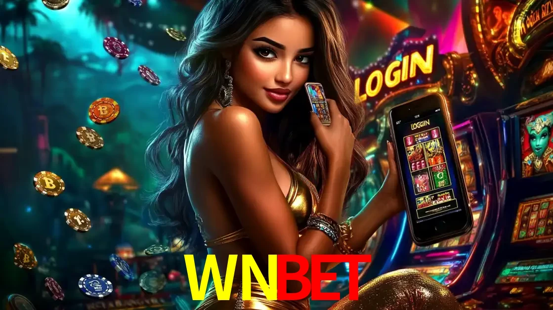 Mulher em um cenário de cassino temático de aventura, mostrando o app de caça-níqueis da WNBET no celular. Fichas de apostas flutuam ao redor.