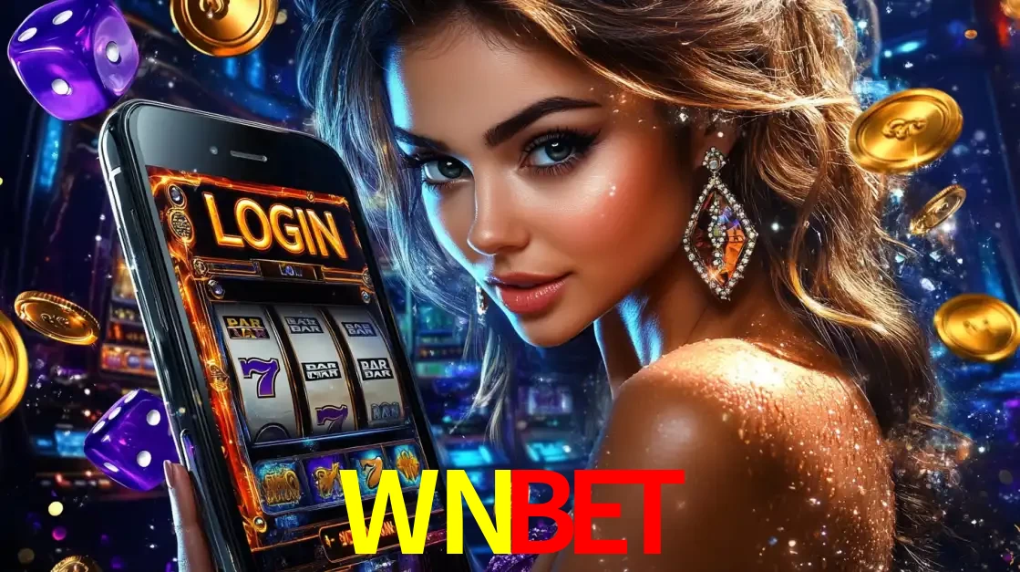 Mulher glamorosa segurando um smartphone com a tela de login para os jogos de caça-níqueis do cassino online WNBET, com moedas de ouro e dados ao redor.