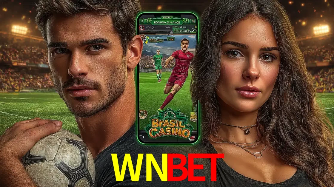 Homem segurando uma bola de futebol e uma mulher ao lado de um smartphone exibindo o jogo de apostas esportivas da WNBET. Faça seu palpite no cassino online.